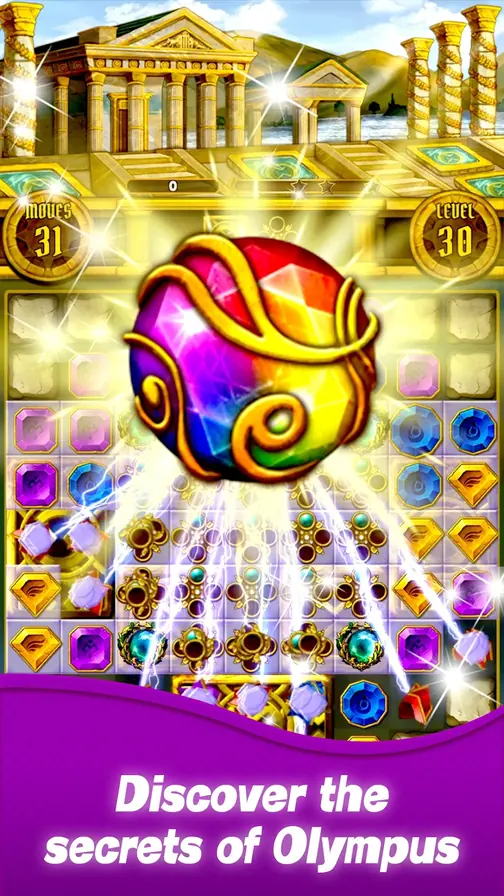 Ecrã de Jewel Olympus no nível 30 com uma esfera de cores a lançar raios sobre as peças