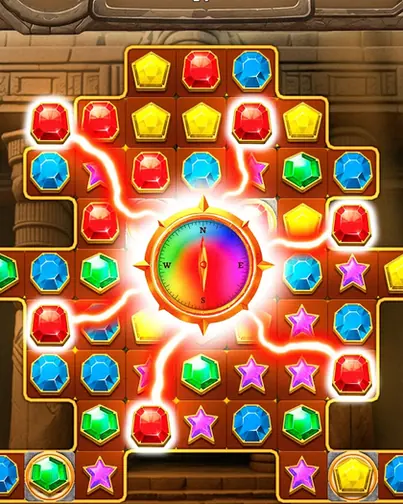 Jewel Raider: tabuleiro em forma de cruz com uma bússola a ligar peças por traços de luz