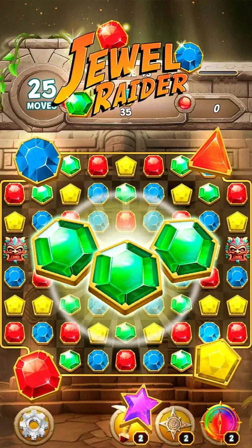 Ecrã de Jewel Raider com o logótipo, 25 jogadas e três esmeraldas grandes alinhadas