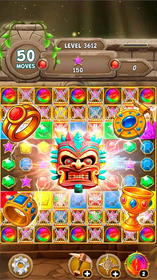 Ecrã de Jewel Raider no nível 3612 com anel, amuleto e cálice presos em redes