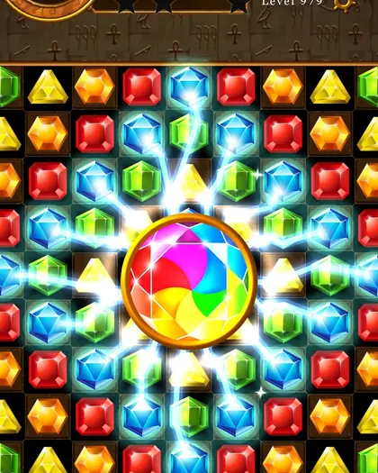 Magic Pharaoh Jewels: esfera arco-íris a lançar raios de luz num tabuleiro de peças coloridas