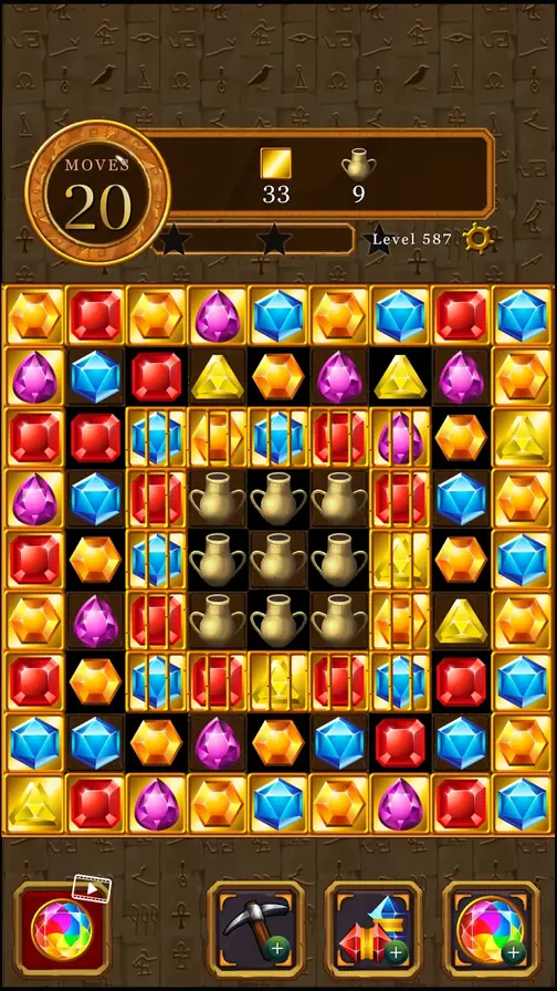 Ecrã de Magic Pharaoh Jewels no nível 587 com nove ânforas atrás de grades douradas
